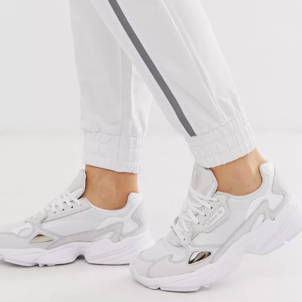 Women’s Adidas Originals Falcon in triple white, size 8.5